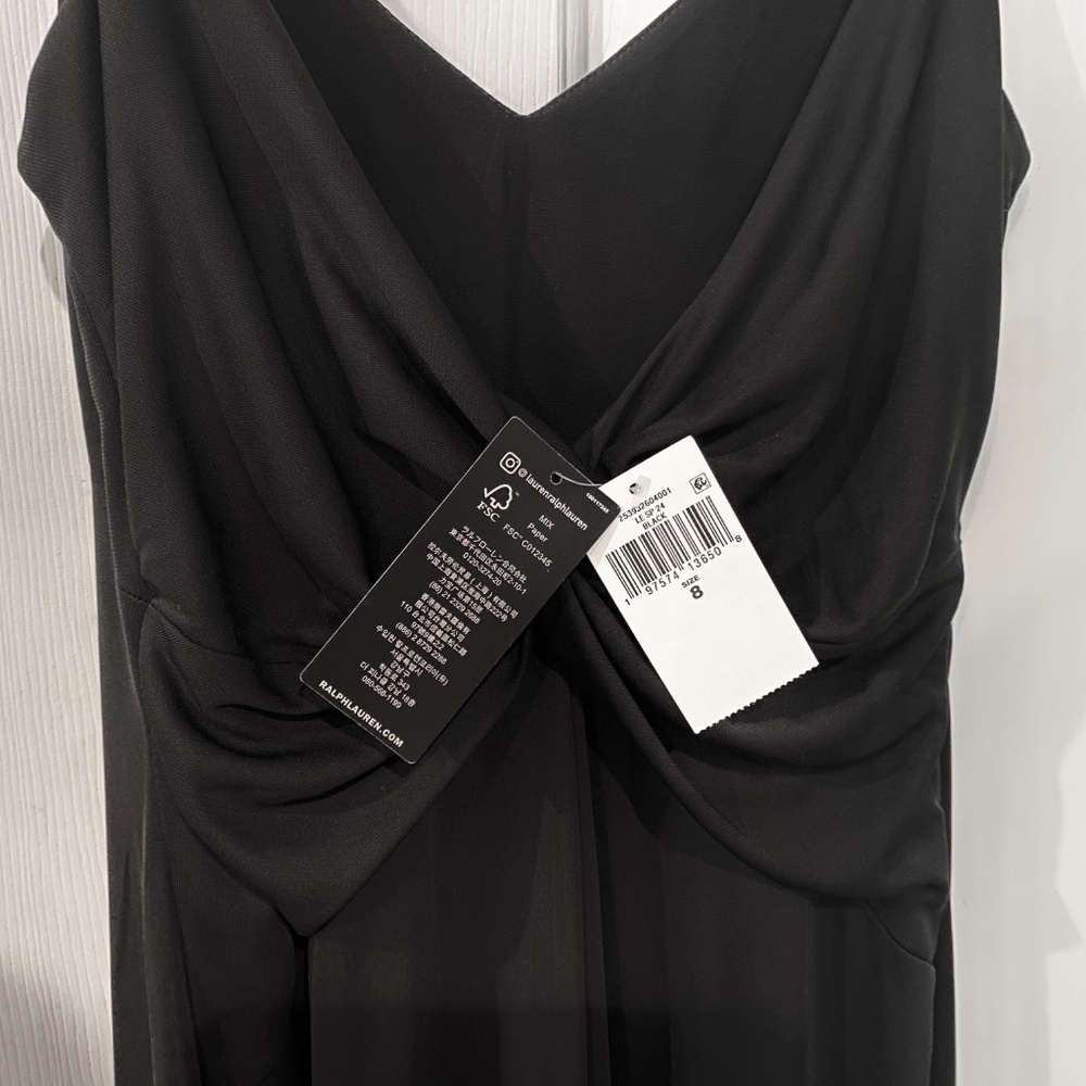 New! 8 Lauren Ralph Twist Back Black Gown Jersey Maxi Dress Chain Straps, Formal - Picture 2 of 15